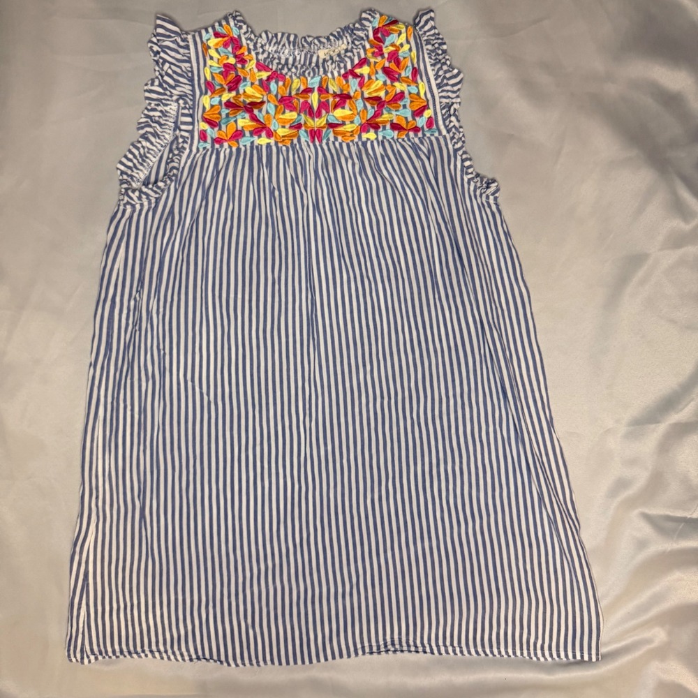 Jodifl‎ Blue White Striped Embroidered Floral Ruffle Sleeve dress Womens M